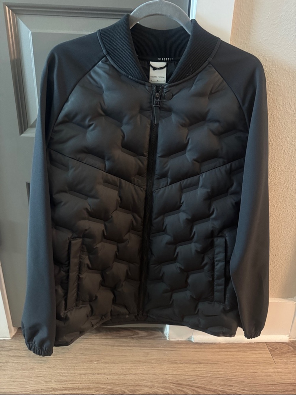 Nike Men’s Black Quilted Bomber Jacket with Ribbed Collar